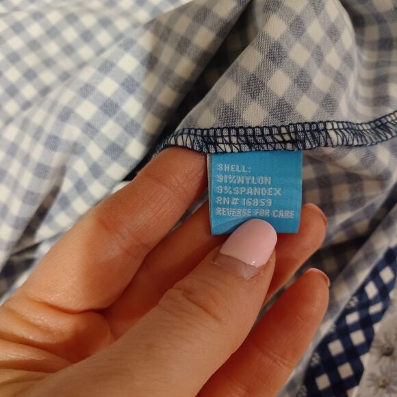 J McLaughlin Catalina Cloth Lattice Print Bell Sleeve Blouse Size L Navy Gingham - Picture 6 of 7